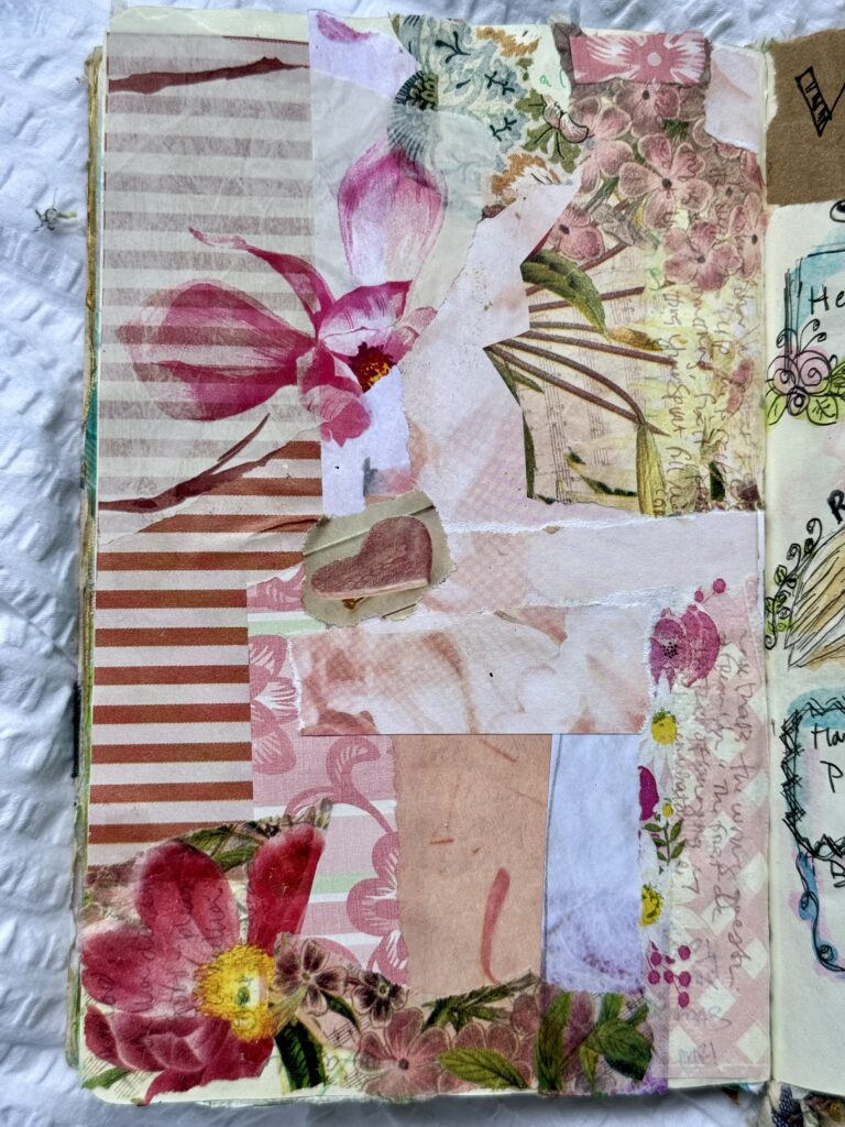 Colorful floral collage artwork featuring pink, red, and green flowers with torn paper textures, representing creative and artistic design for A Hundred Affections.