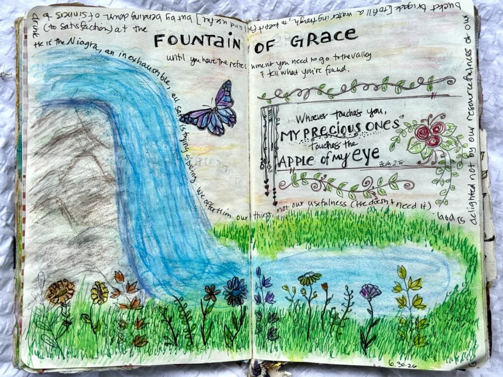 Colorful hand-drawn illustration of a fountain with a butterfly, flowers, and a poem about grace and love, emphasizing nature and spirituality.
