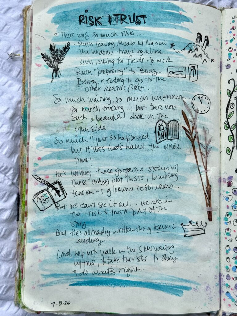 A handwritten journal entry titled 'Risk & Trust' with sketches of trees, a boat, and a crown, featuring blue watercolor accents and decorative doodles.