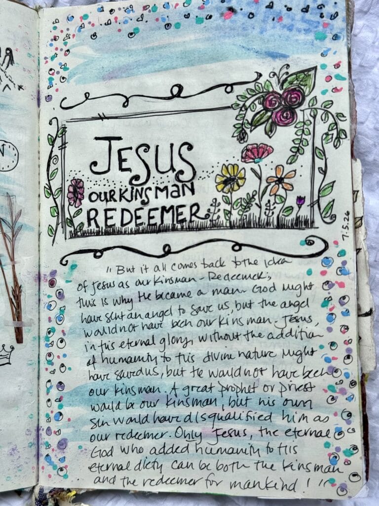 Colorful hand-drawn illustration with flowers and the message 'Jesus Our King and Redeemer' emphasizing faith and spiritual hope.