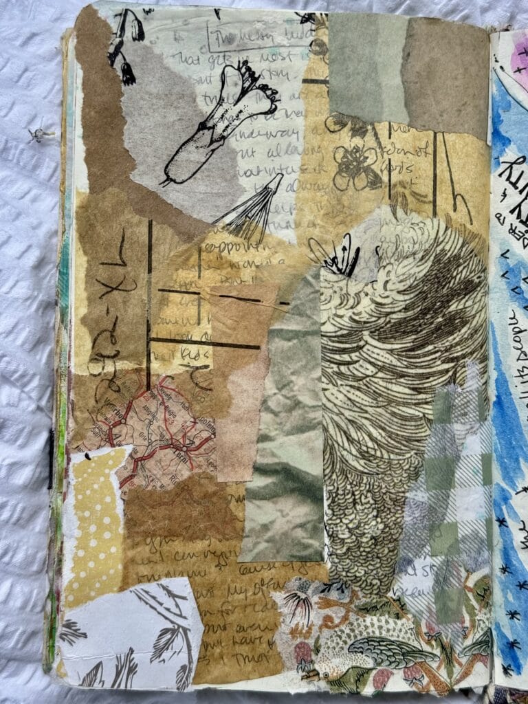 Abstract collage artwork featuring sketches, handwritten notes, and textured paper layers, showcasing artistic creativity and mixed media techniques.
