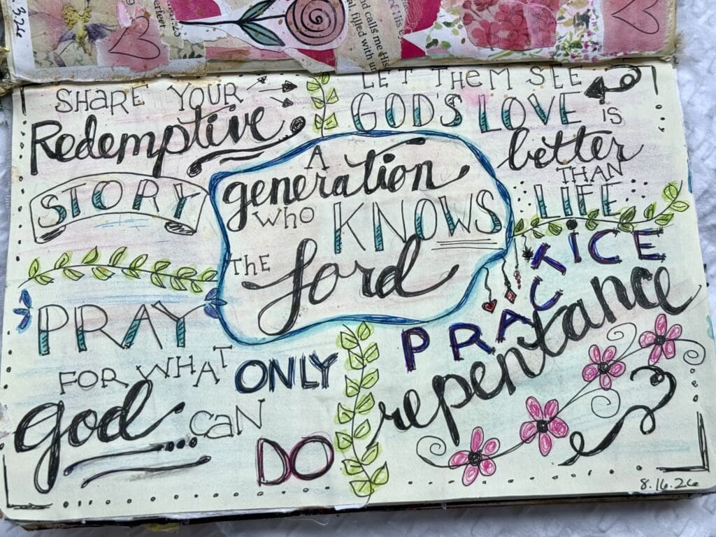 Colorful hand-drawn Bible verse artwork with floral accents, emphasizing God's love, prayer, and faith for spiritual inspiration and encouragement.