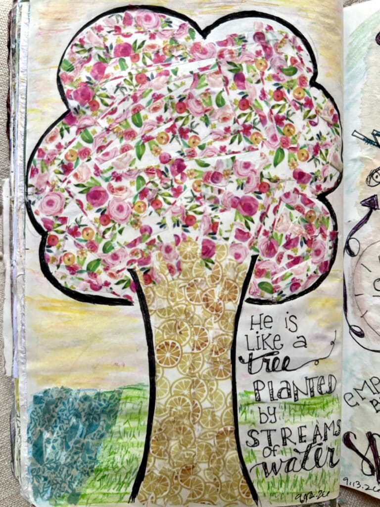 Vibrant mixed media artwork of a tree with a pink floral canopy and a textured golden trunk, symbolizing growth and creativity, from A Hundred Affections.
