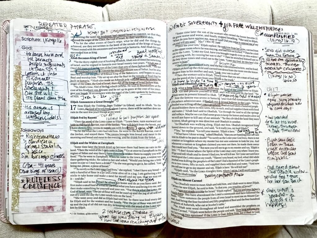 Open Bible with handwritten notes, highlights, and annotations on pages about God's sovereignty and scripture interpretation, emphasizing faith and obedience.