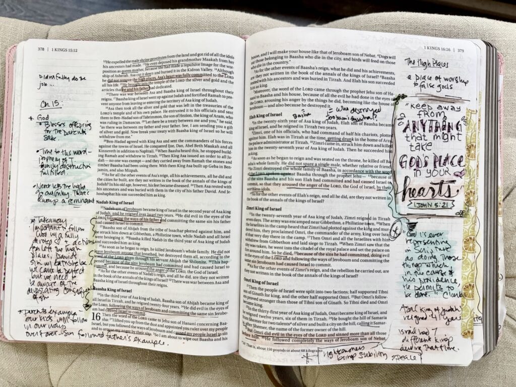 Open Bible with handwritten notes, highlights, and inspirational quotes on pages, emphasizing faith and scripture for spiritual reflection.