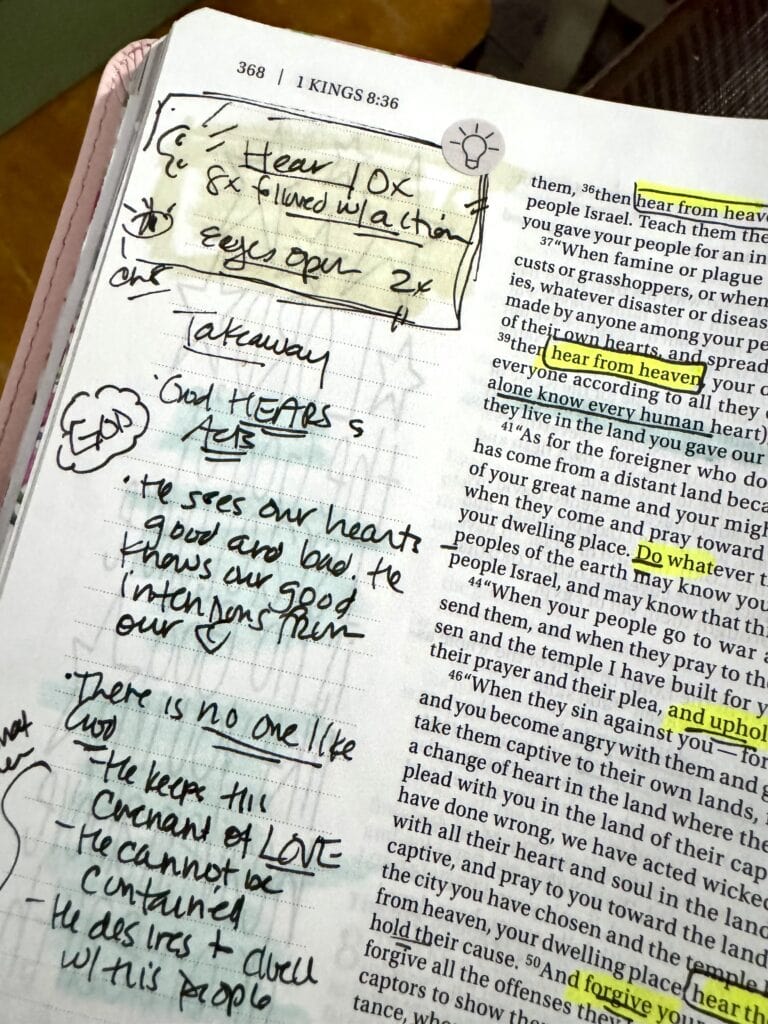 A handwritten journal page with a Bible verse from 1 Kings 8:36, featuring notes and reflections on prayer, worship, and God's forgiveness, with highlighted sections.