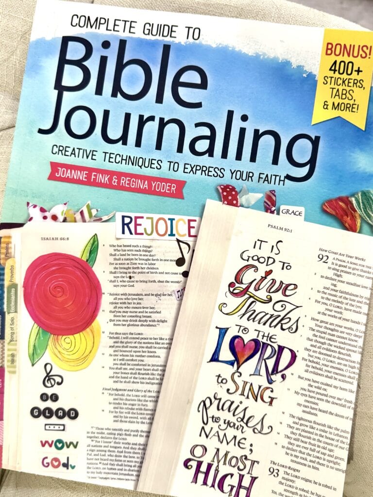 Bible journaling pages with colorful illustrations and handwritten notes, emphasizing faith, praise, and gratitude, perfect for spiritual reflection and creative expression.