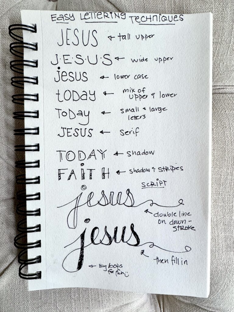 Handwritten notes on lettering techniques for the word Jesus, including styles like tall upper, wide upper, lowercase, serif, shadow, and script, with annotations and examples.