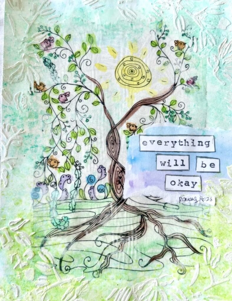 Colorful artistic tree illustration with birds, animals, and the quote "everything will be okay" from Romans 8:28, symbolizing hope and reassurance.