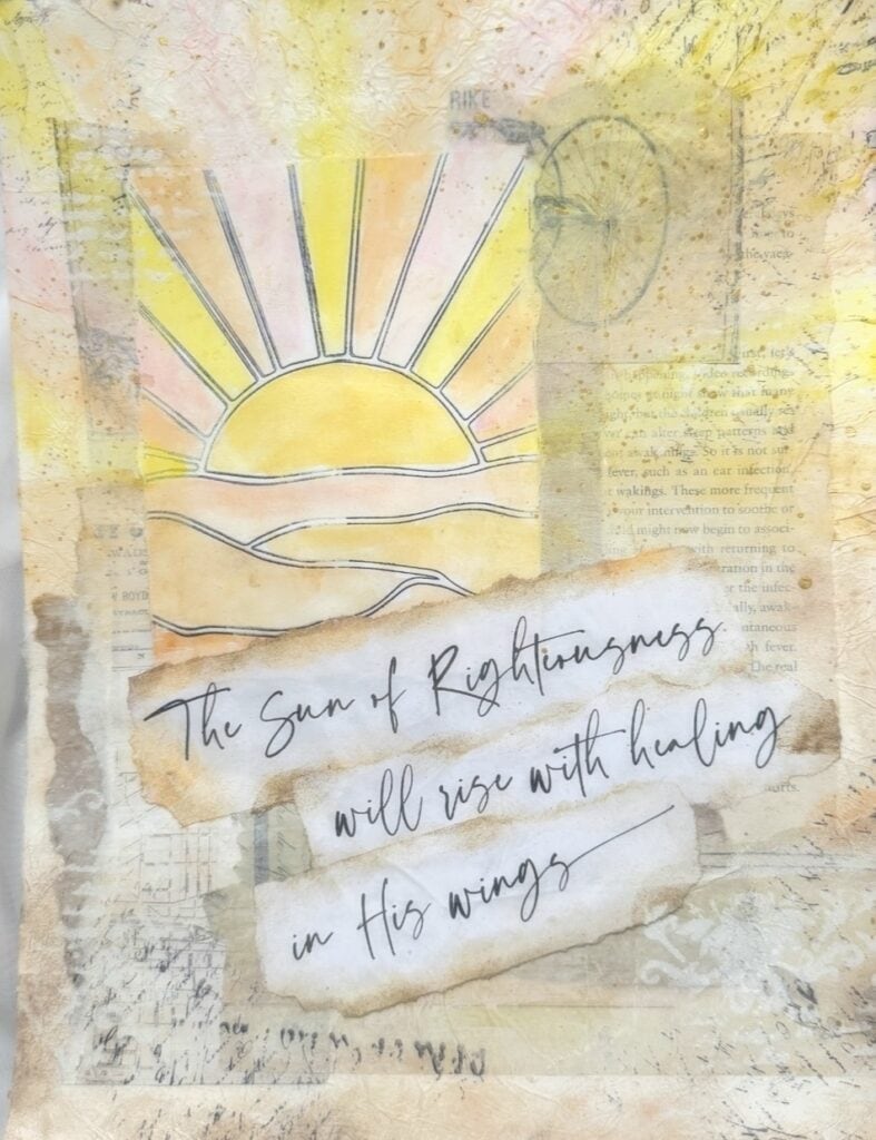 Watercolor painting of a sunrise with rays extending from the sun, accompanied by a handwritten quote about healing and wings, on textured paper background.