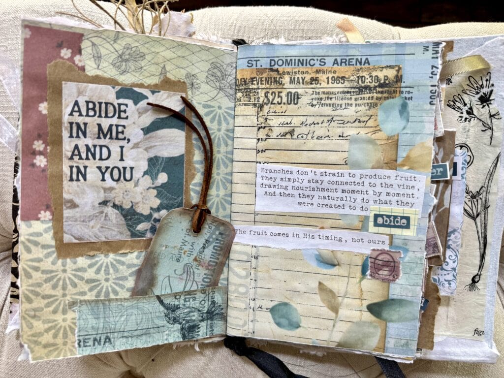 Vintage scrapbook page featuring tickets, floral patterns, and handwritten notes, emphasizing nostalgic and artistic design for creative memory keeping.
