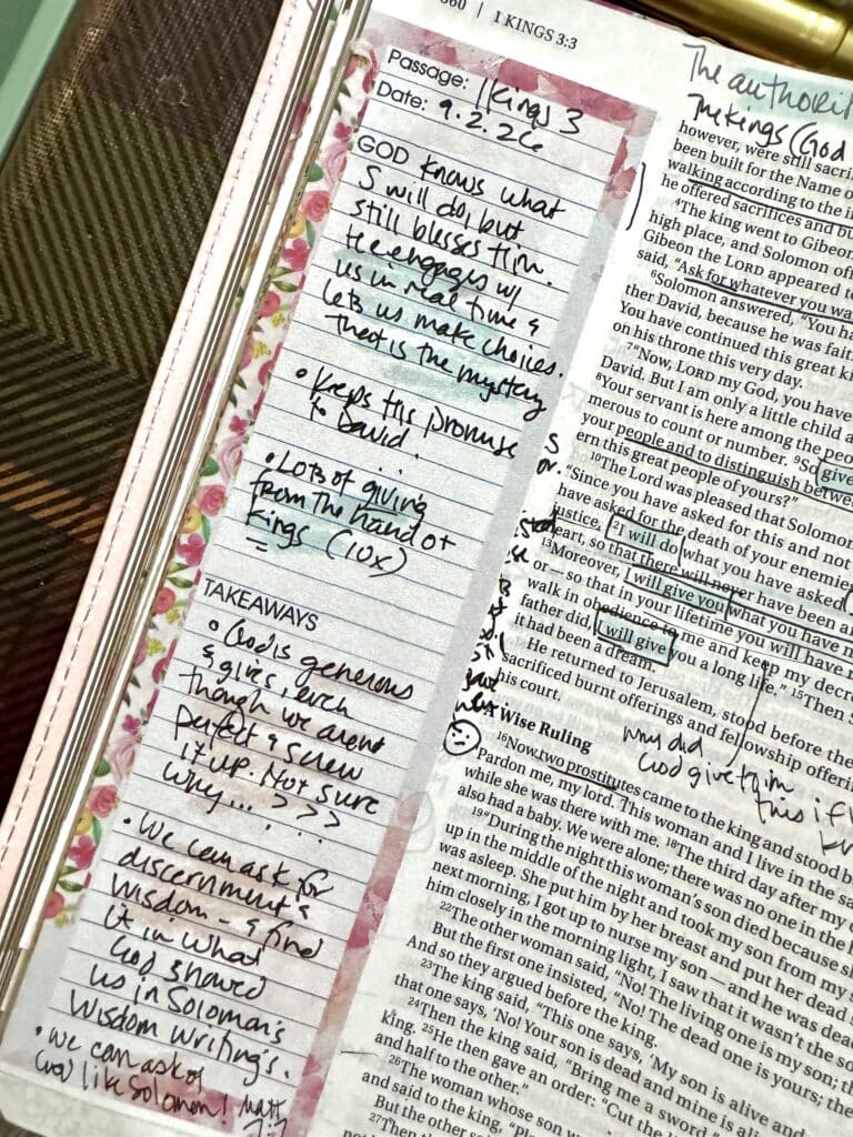 Close-up of handwritten Bible study notes, highlighting key verses and takeaways, with a pen resting on the page, emphasizing reflection and spiritual growth.