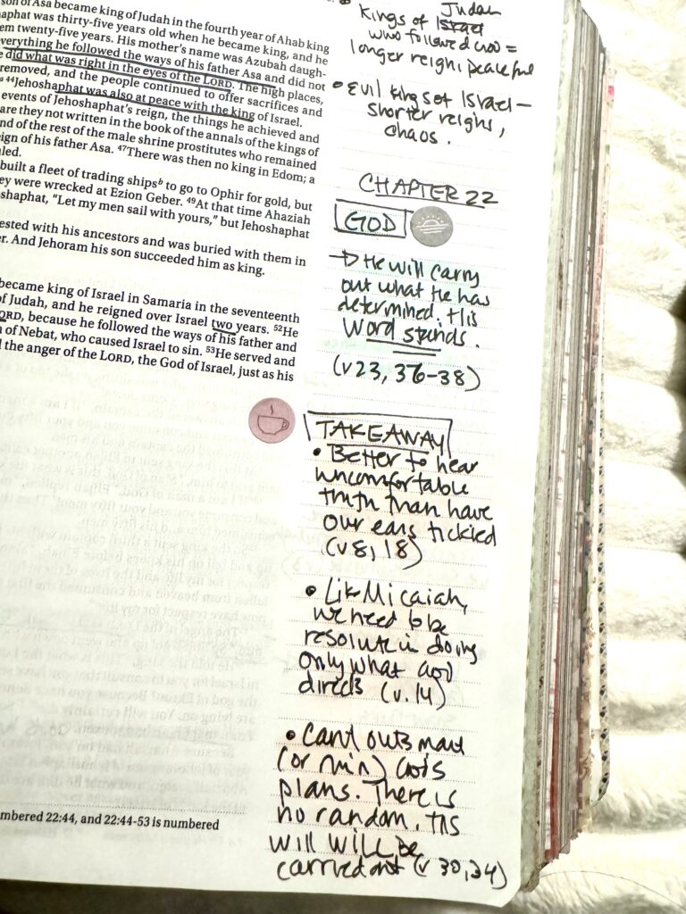 Close-up of handwritten notes and annotations in a Bible, including chapter references, summaries, and personal reflections, emphasizing biblical themes and study.