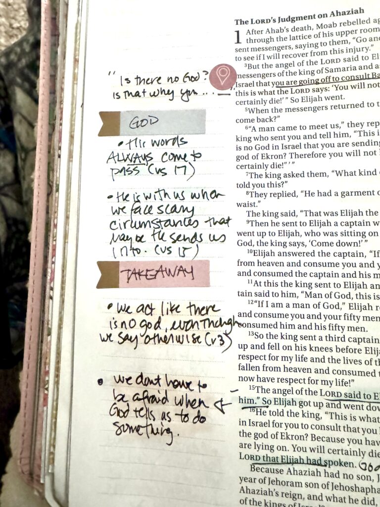 Handwritten notes with a quote from the Bible, emphasizing faith and trust in God, on a lined notebook page, with a pink heart sticker at the top.
