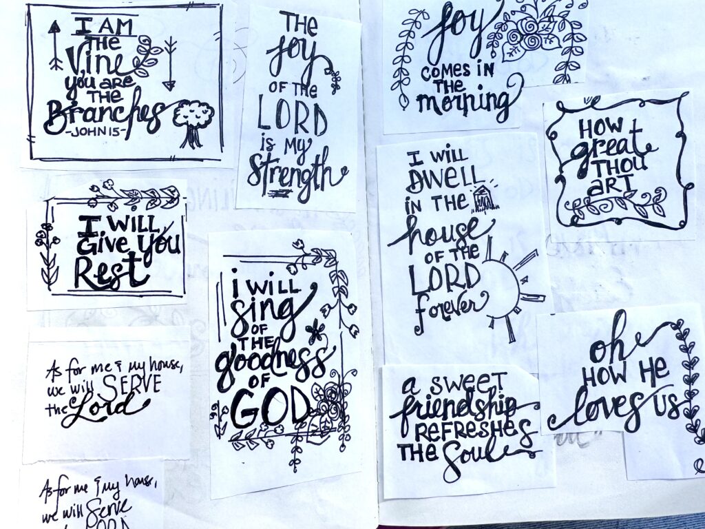 Collection of handwritten Bible verses with floral and decorative elements, emphasizing faith, strength, and love, suitable for spiritual and religious inspiration.