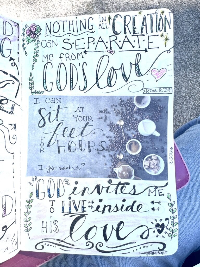 Hand-drawn Christian quote about God's love and creation, featuring decorative elements and coffee cups, emphasizing faith and love.