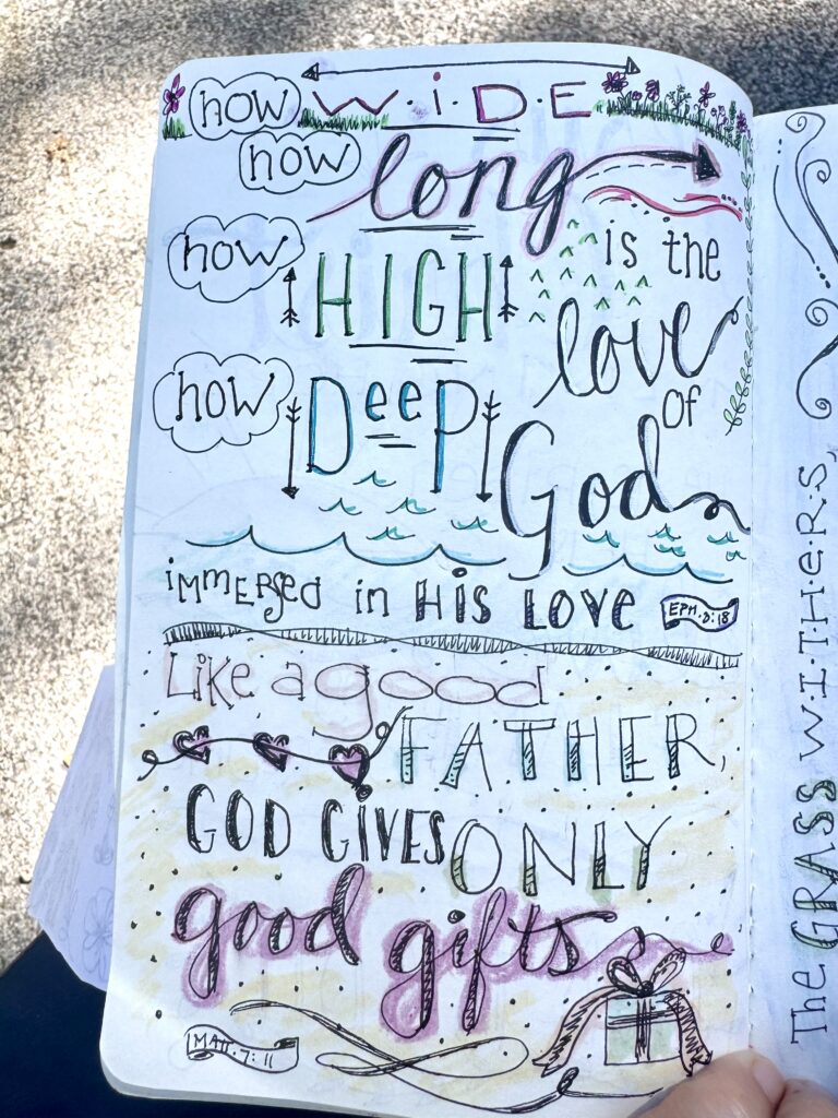 Colorful handwritten quote about love, faith, and God's gifts, featuring decorative elements and a gift box illustration, for spiritual and motivational themes.
