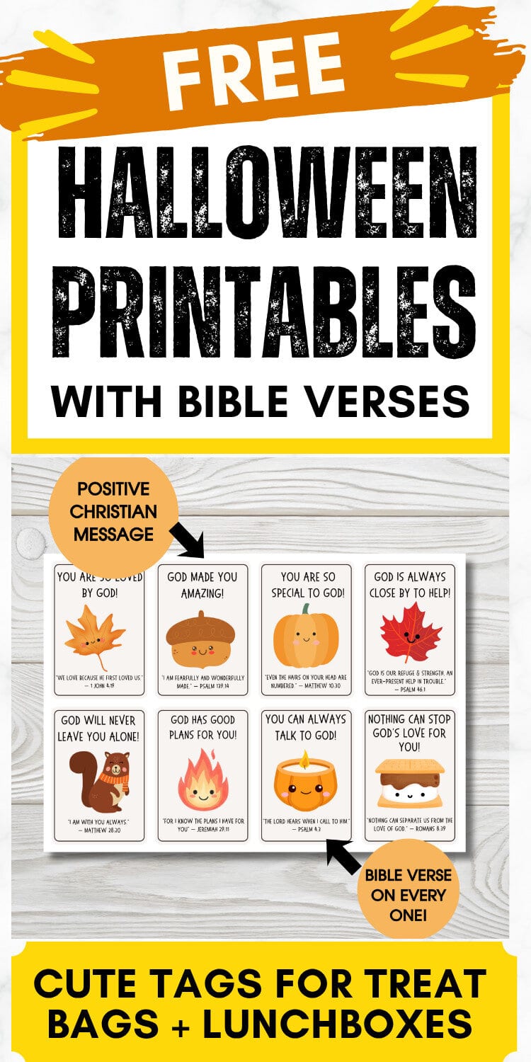Printable Halloween candy bar wrappers featuring Bible verses and positive Christian messages for kids, perfect for Halloween treats and lunchboxes.