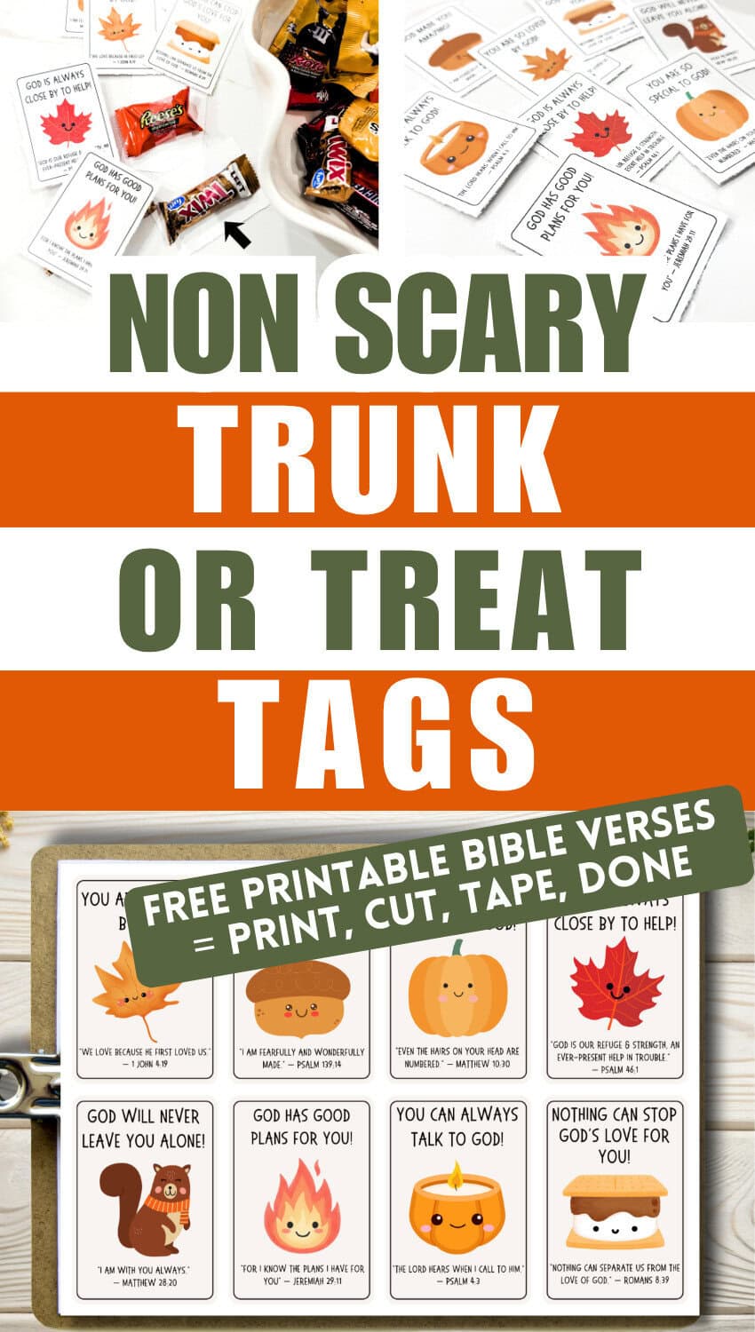 Printable non-scary trunk or treat tags with Bible verses, featuring autumn and Halloween-themed designs for Christian celebrations.