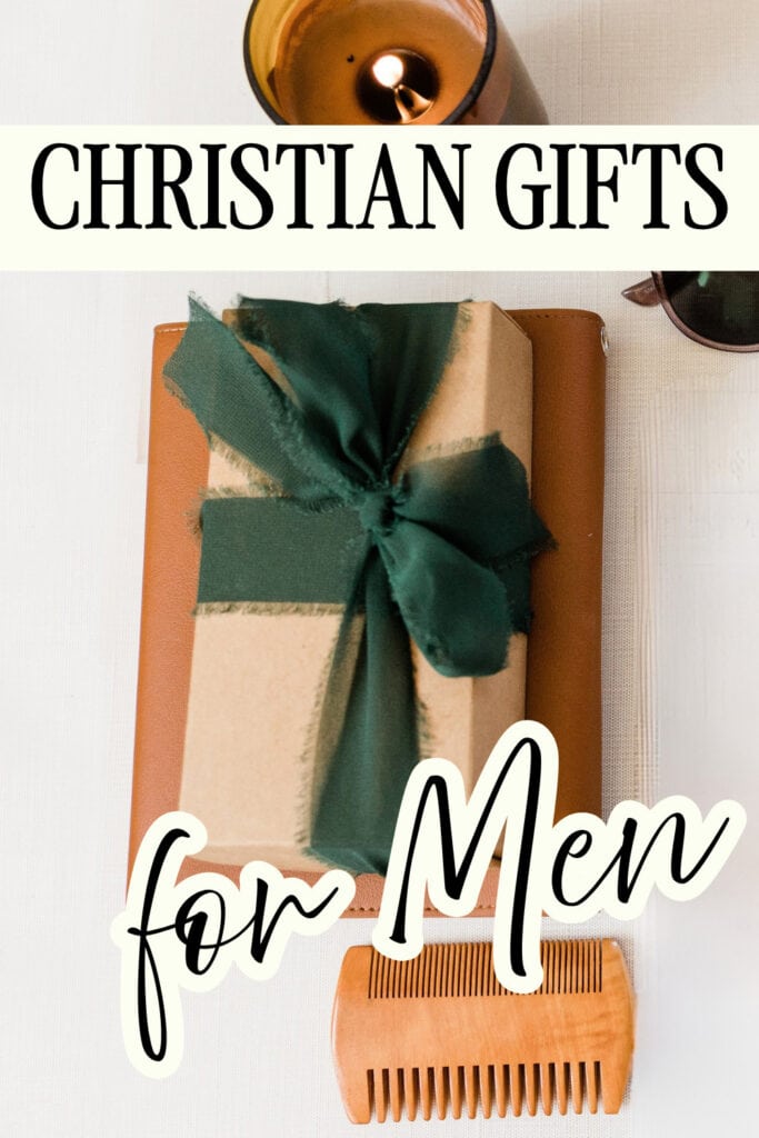 A beautifully wrapped Christian gift for men with a green ribbon, set on a white surface with grooming tools and candles, ideal for thoughtful Christian presents.