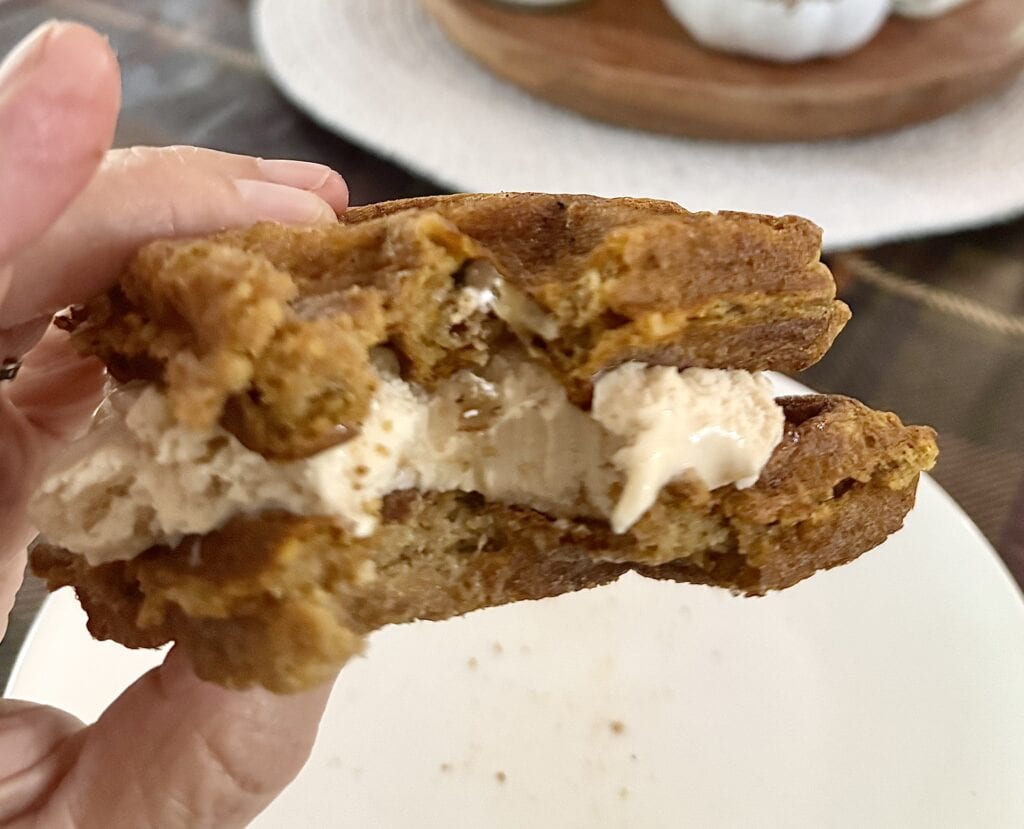 Pumpkin protein waffle ice cream sandwich with dairy-free vanilla ice cream