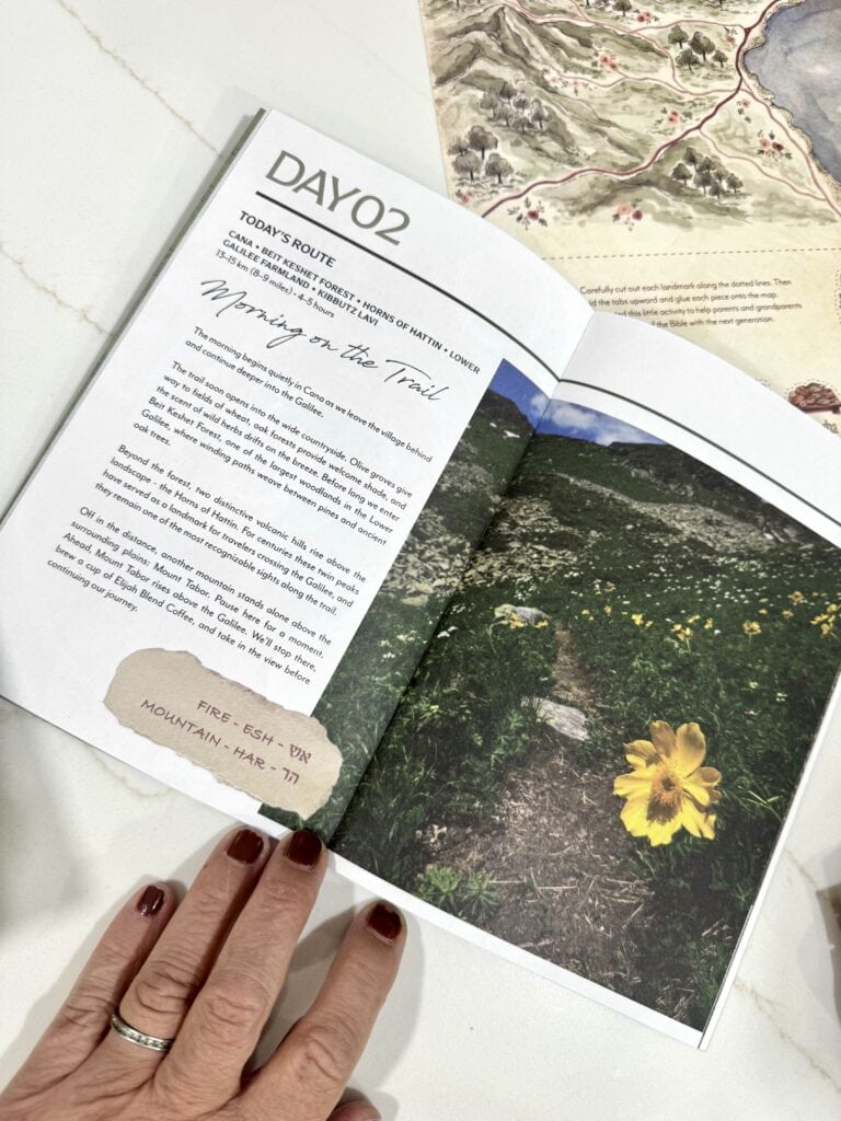 Image shows an open travel guide with a bright yellow flower on a rocky meadow, a map in the background