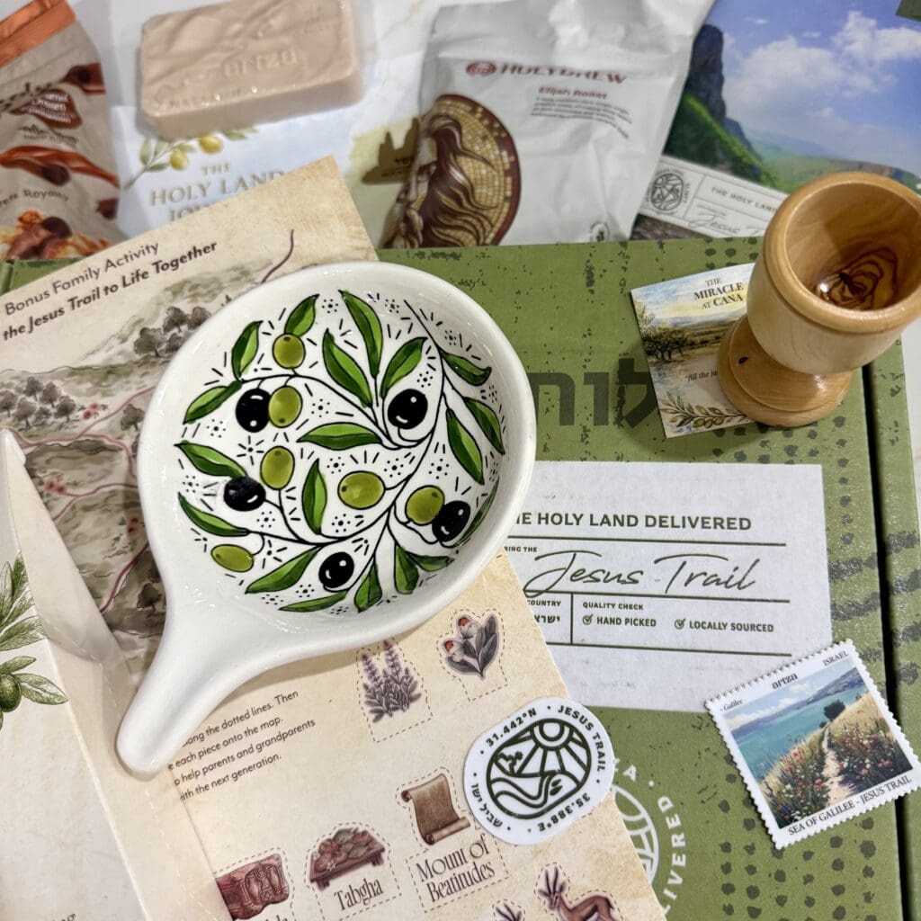 Hand-painted ceramic spoon with olive branch motif featuring green leaves and black olives, set on a decorative flat lay of Holy Land items, stamps, and travel-inspired packaging 