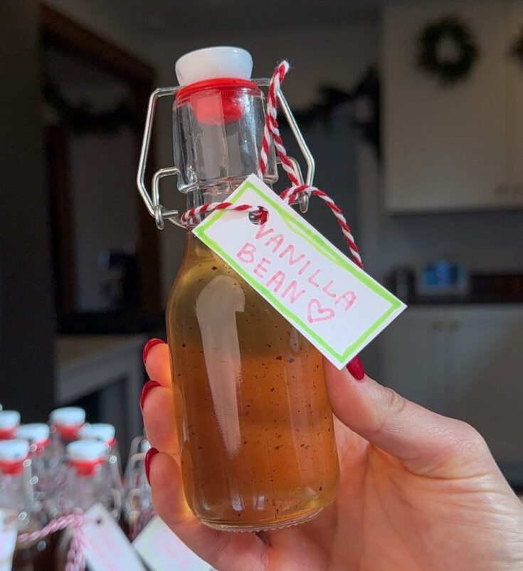 Vanilla bean syrup in a glass bottle with a red-and-white string tag reading Vanilla Bean, held by a hand in a cozy kitchen setting; warm amber liquid, background hints of a modern kitchen and jars,符合.
