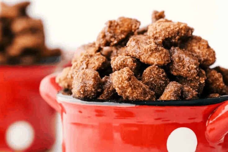Close-up of sugar-coated chocolate chunks piled high in a red mug with white dots, reflecting a warm, inviting snack from A Hundred Affections.