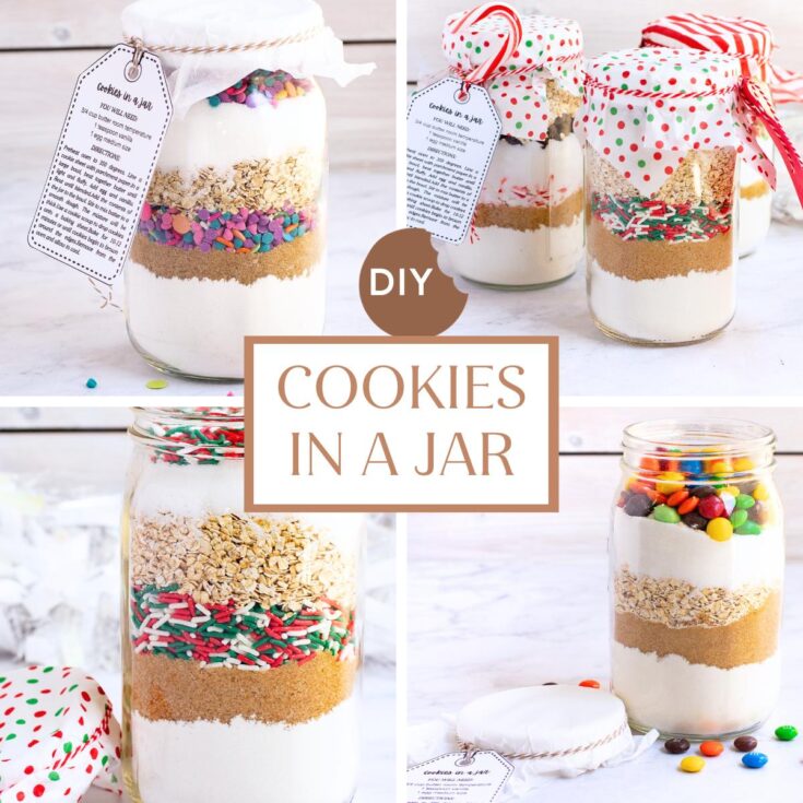DIY cookies in a jar collage featuring layered ingredients in mason jars with festive ribbons and sprinkles for a dessert gift idea.