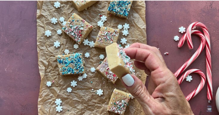 Hand holding a square white chocolate treat with colorful sprinkles, surrounded by candy canes and assorted decorated bites on brown parchment, festive dessert scene for A Hundred Affections.