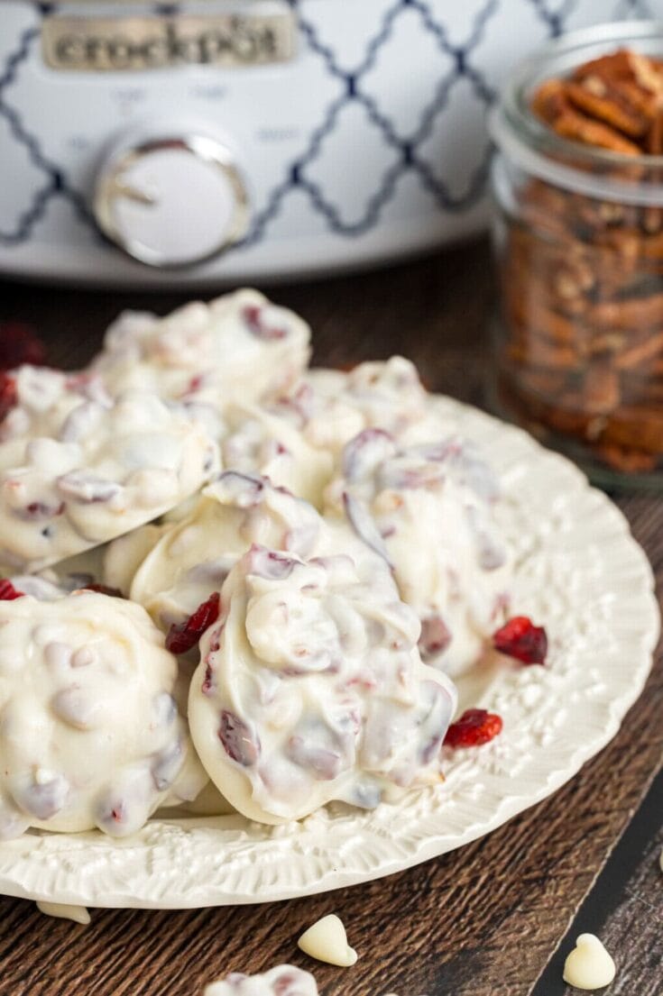 A plate of creamy white chocolate truffles with dried cranberries on a decorative platter beside a textured kitchen appliance and jar of nuts.